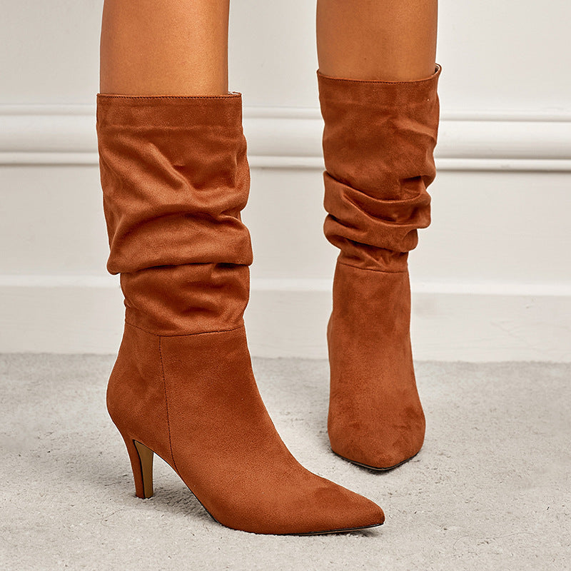 Women's Wrinkled Suede Stiletto Heel Boots