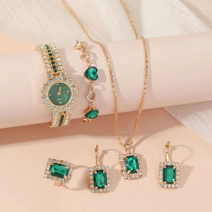 Green Women's Steel Belt Quartz Watch Ring Gift Set Boxed Five-piece Set
