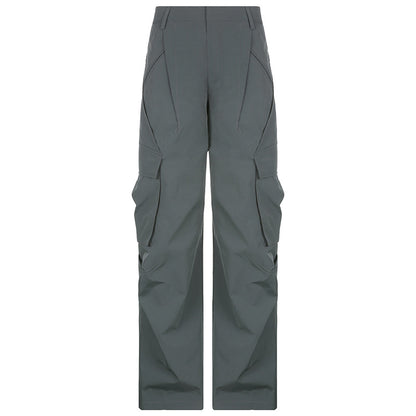 Crumpled Design Irregular Pockets Loose Mid Waist Wide Leg Casual Trousers