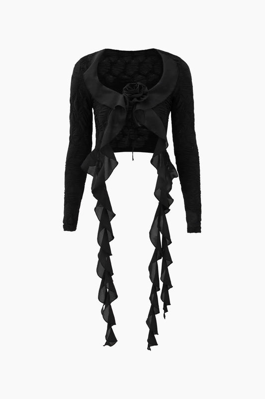 Irregular Lotus Leaf Collar Black Long Sleeve Tops