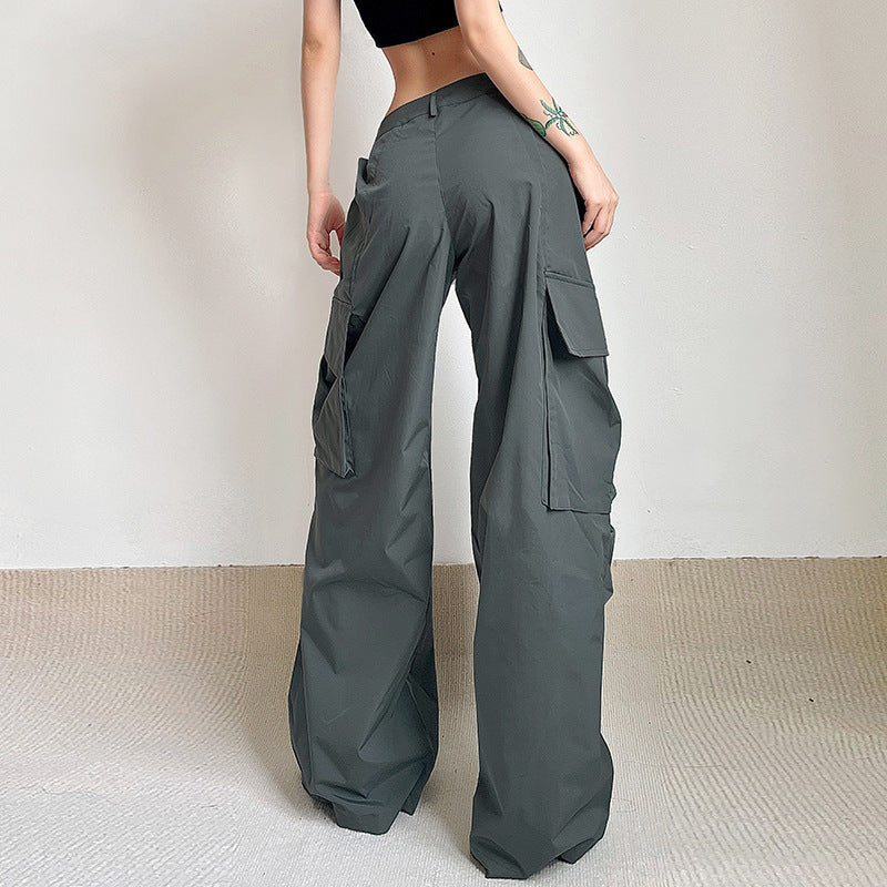 Crumpled Design Irregular Pockets Loose Mid Waist Wide Leg Casual Trousers