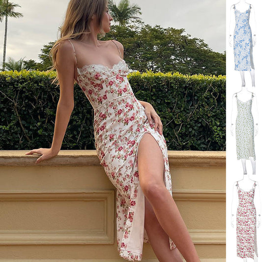 Lace Flowers Print Long Dress Slit Suspender Summer Womens Clothing