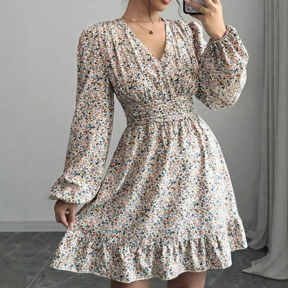 Printed V-neck Long-sleeve Dress