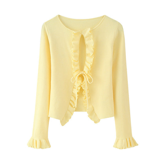 Spring And Autumn Solid Color Long Sleeve Tied Knitted Cardigan