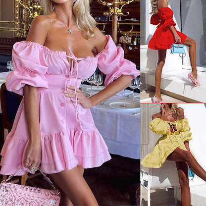 Women's Solid Color Short Puff Sleeve Tube Top Mini Dress