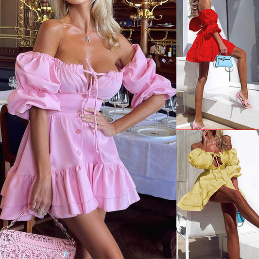 Women's Solid Color Short Puff Sleeve Tube Top Mini Dress