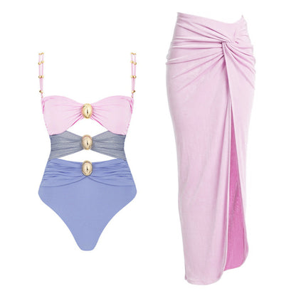 One-piece Swimsuit Round Buckle Hollow Out Stitching Swimsuit