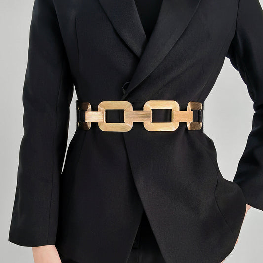 Women's Gold Black Wide Belt Elastic Metal Waist