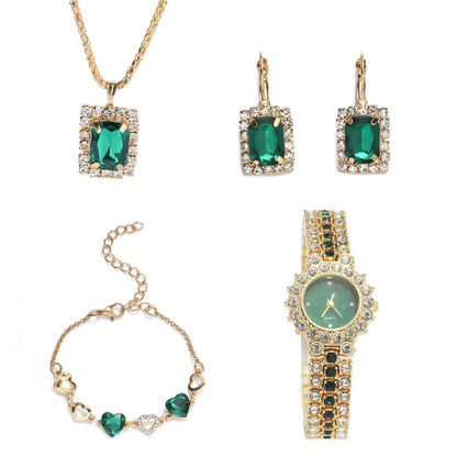 Green Women's Steel Belt Quartz Watch Ring Gift Set Boxed Five-piece Set