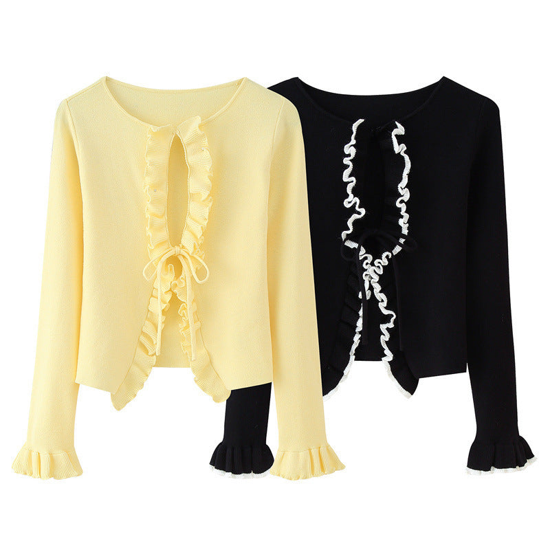 Spring And Autumn Solid Color Long Sleeve Tied Knitted Cardigan