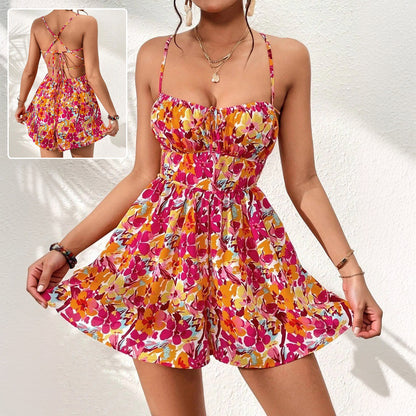 Women's Floral Print Dress Summer Lace-up Back Seaside Short Dress