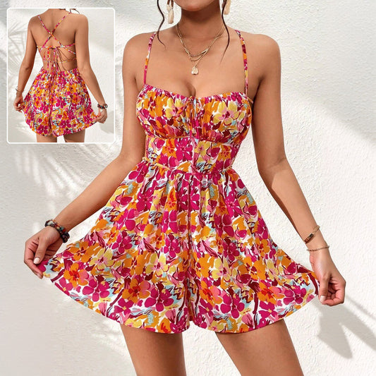 Women's Floral Print Dress Summer Lace-up Back Seaside Short Dress