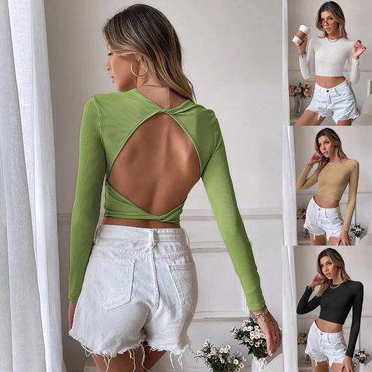 Women's Backless Casual Short Slim Knit Long Sleeve T-shirt Top