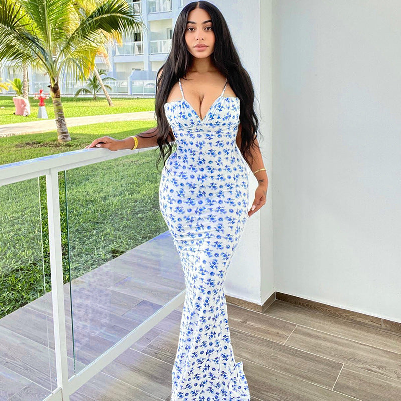 Flowers Print Suspender Long Summer Slim Backless Dress