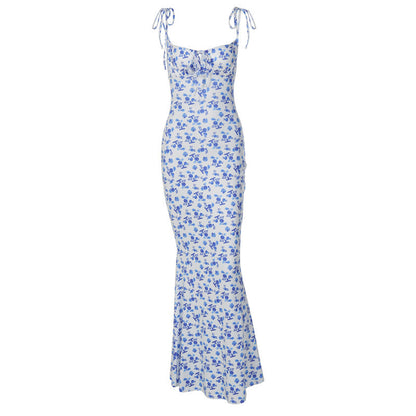 Flowers Print Suspender Long Summer Slim Backless Dress