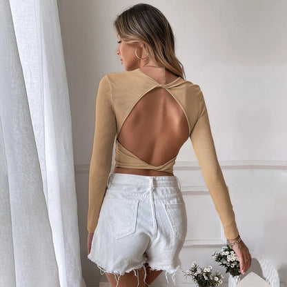 Women's Backless Casual Short Slim Knit Long Sleeve T-shirt Top
