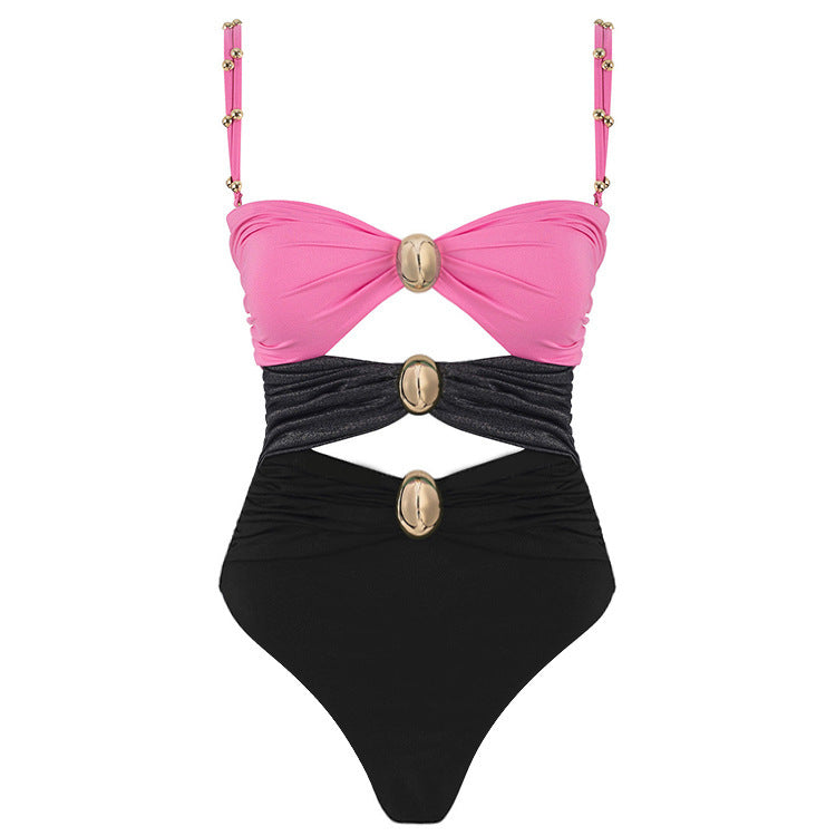 One-piece Swimsuit Round Buckle Hollow Out Stitching Swimsuit