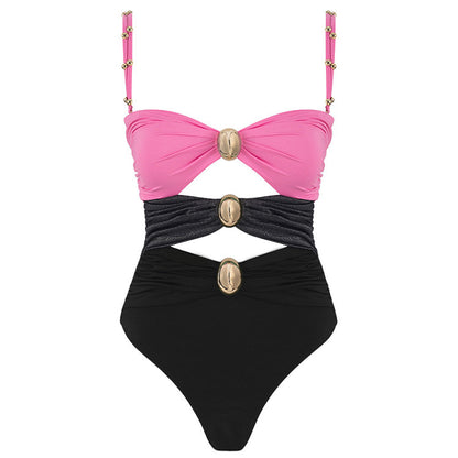 One-piece Swimsuit Round Buckle Hollow Out Stitching Swimsuit
